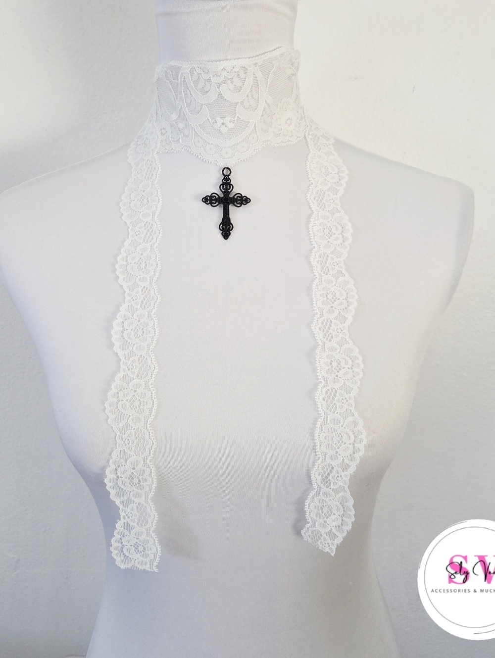 White Lace Choker Necklace with Black Cross Pendant